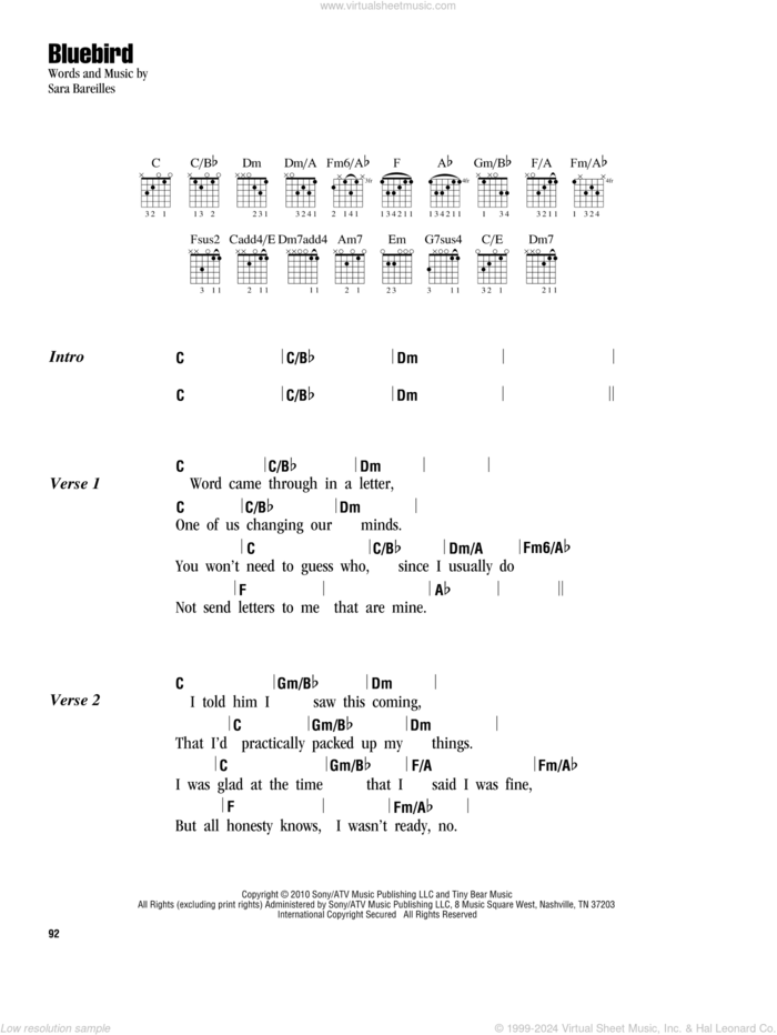 Bluebird sheet music for guitar (chords) by Sara Bareilles, intermediate skill level