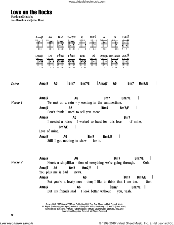 Love On The Rocks sheet music for guitar (chords) by Sara Bareilles and Javier Dunn, intermediate skill level