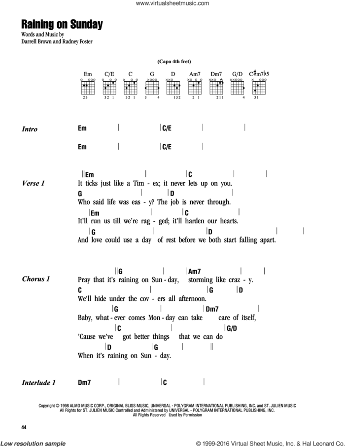 Raining On Sunday sheet music for guitar (chords) by Keith Urban, Darrell Brown and Radney Foster, intermediate skill level