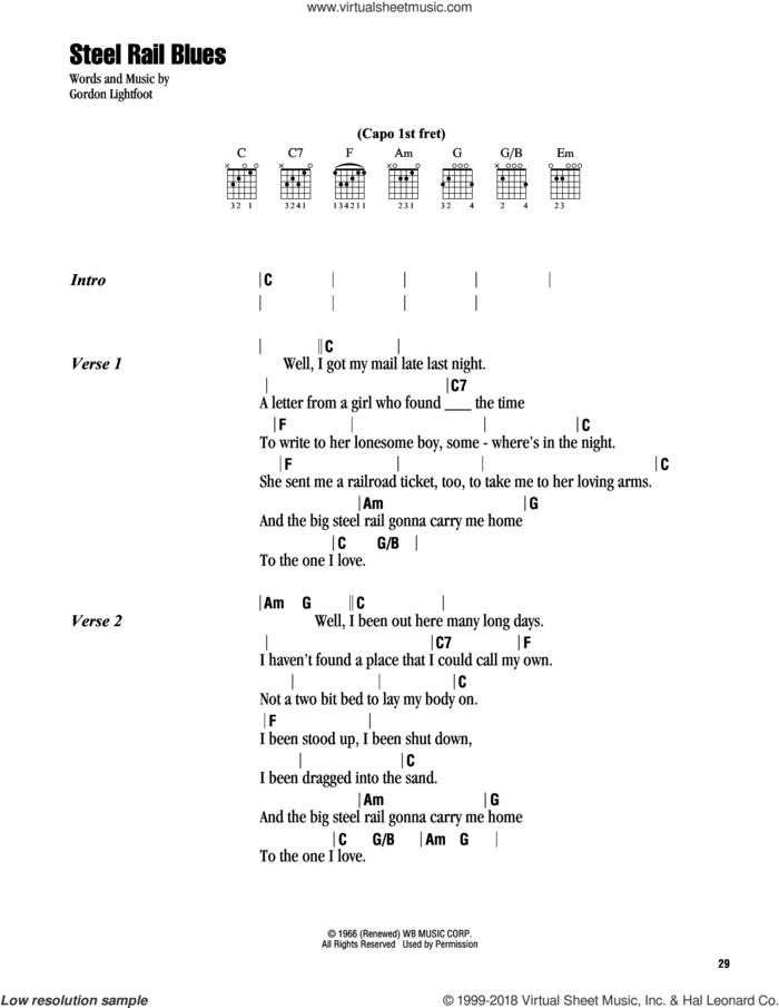 Steel Rail Blues sheet music for guitar (chords) by Gordon Lightfoot, intermediate skill level