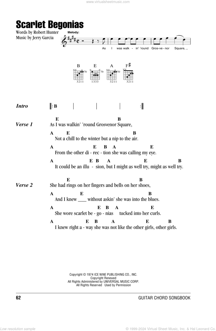 Scarlet Begonias sheet music for guitar (chords) by Grateful Dead, Sublime, Jerry Garcia and Robert Hunter, intermediate skill level