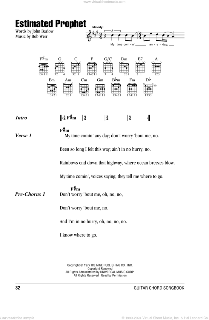 Estimated Prophet sheet music for guitar (chords) by Grateful Dead, Bob Weir and John Barlow, intermediate skill level