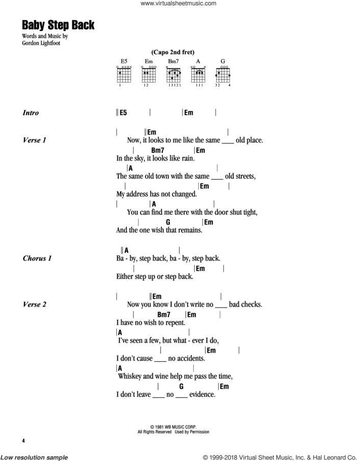 Baby Step Back sheet music for guitar (chords) by Gordon Lightfoot, intermediate skill level
