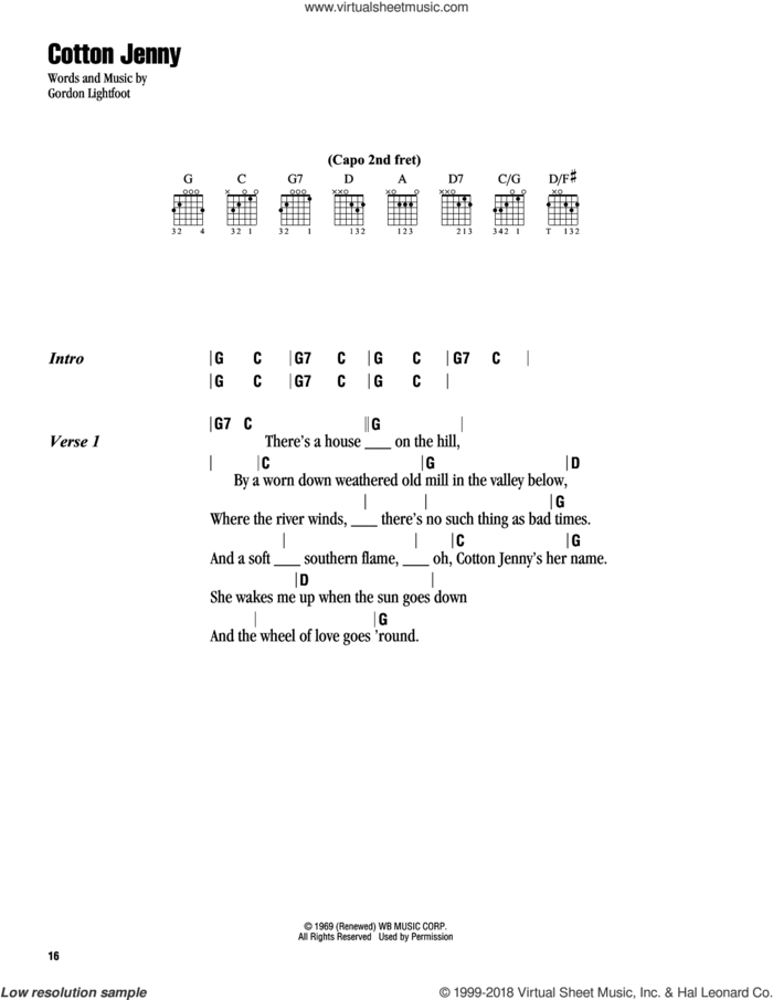 Cotton Jenny sheet music for guitar (chords) by Gordon Lightfoot, intermediate skill level
