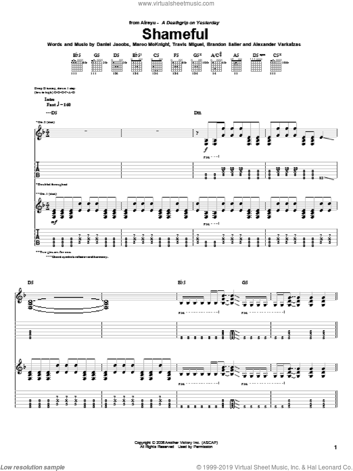 Shameful sheet music for guitar (tablature) by Atreyu, Alexander Varkatzas, Brandon Saller, Daniel Jacobs, Marco McKnight and Travis Miguel, intermediate skill level
