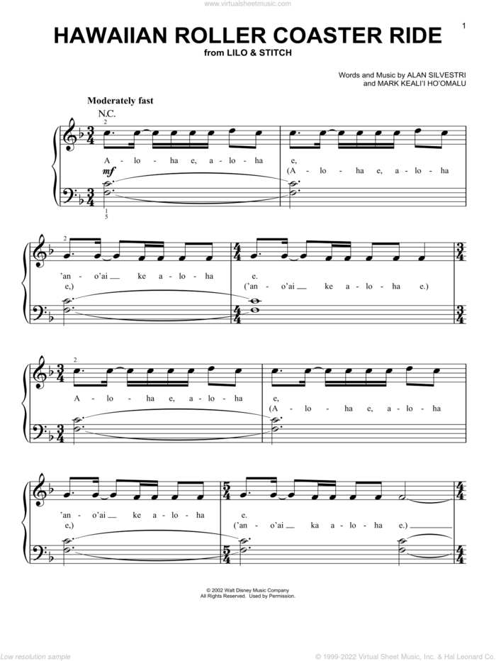 Hawaiian Roller Coaster Ride (from Lilo and Stitch) sheet music for piano solo by Alan Silvestri and Lilo & Stitch (Movie), easy skill level