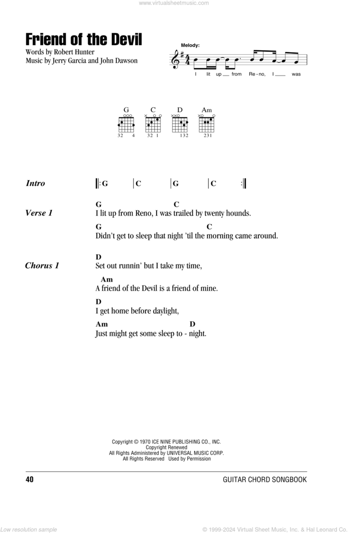 Friend Of The Devil sheet music for guitar (chords) by Grateful Dead, Jerry Garcia, John Dawson and Robert Hunter, intermediate skill level