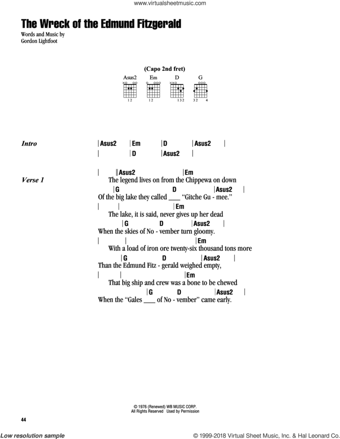 The Wreck Of The Edmund Fitzgerald sheet music for guitar (chords) by Gordon Lightfoot, intermediate skill level