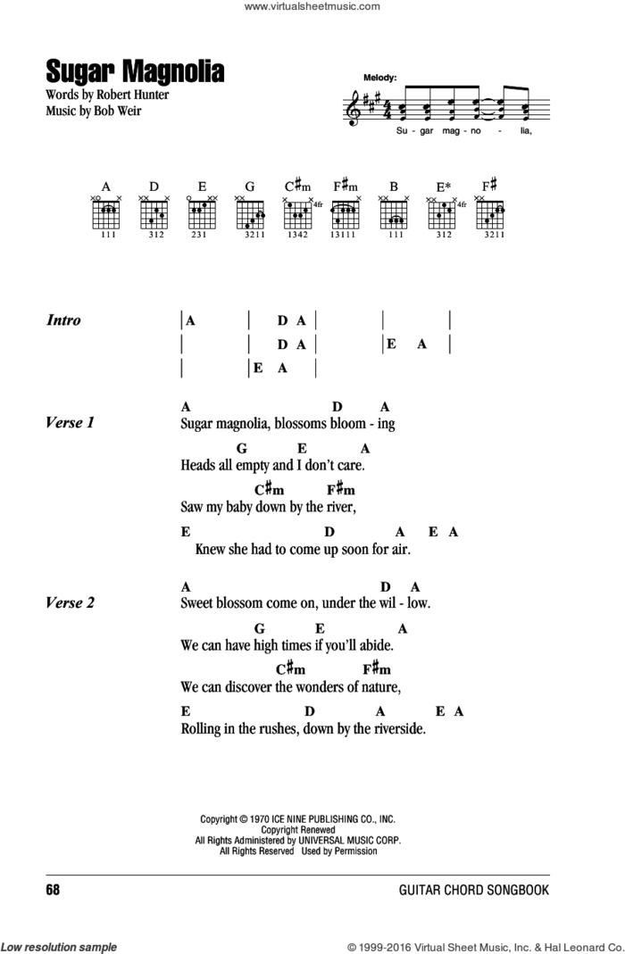Sugar Magnolia sheet music for guitar (chords) by Grateful Dead, Bob Weir and Robert Hunter, intermediate skill level