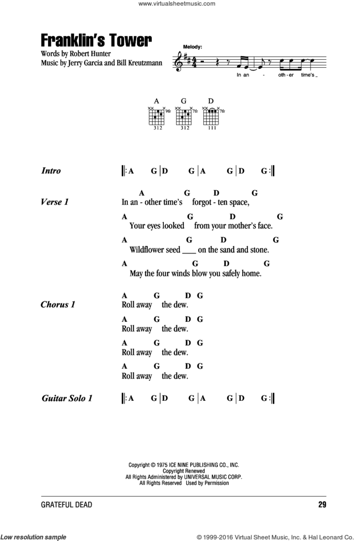 Franklin's Tower sheet music for guitar (chords) by Grateful Dead, Bill Kreutzmann, Jerry Garcia and Robert Hunter, intermediate skill level