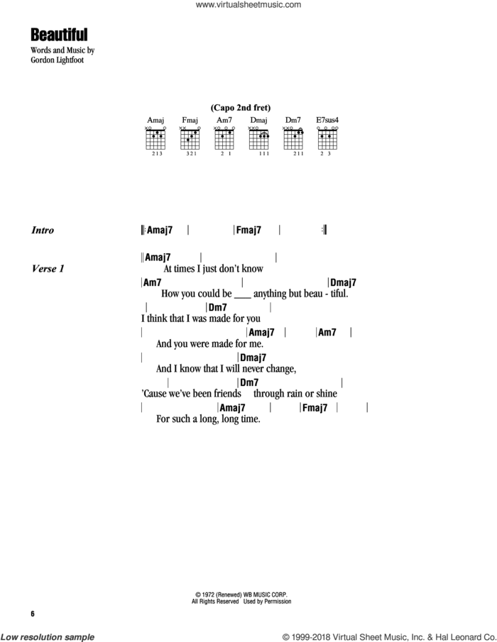 Beautiful sheet music for guitar (chords) by Gordon Lightfoot, intermediate skill level