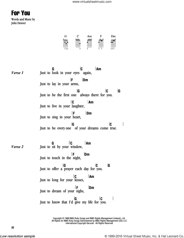 For You sheet music for ukulele (chords) by John Denver, intermediate skill level