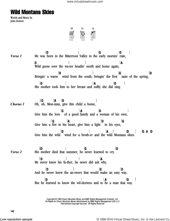 Wild Montana Skies sheet music for ukulele (chords) by John Denver, intermediate skill level