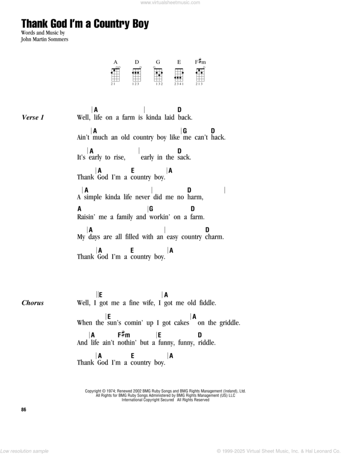 Thank God I'm A Country Boy sheet music for ukulele (chords) by John Denver and John Martin Sommers, intermediate skill level