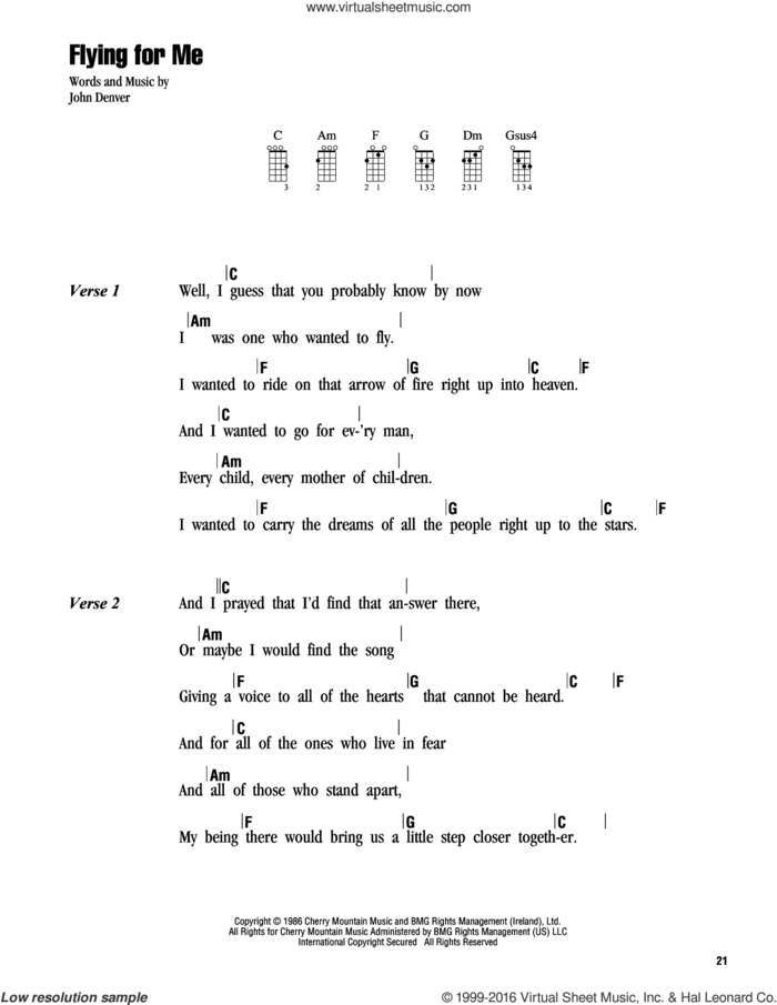 Flying For Me sheet music for ukulele (chords) by John Denver, intermediate skill level