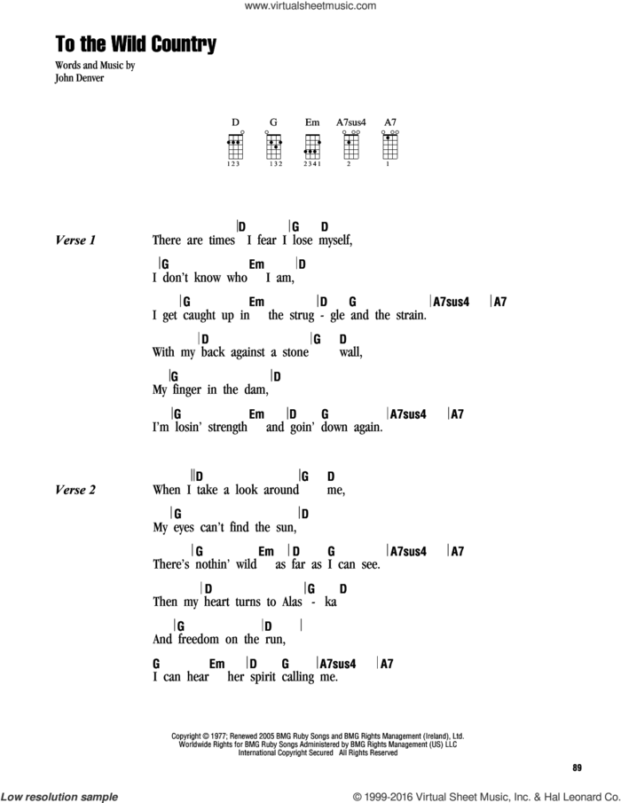 To The Wild Country sheet music for ukulele (chords) by John Denver, intermediate skill level