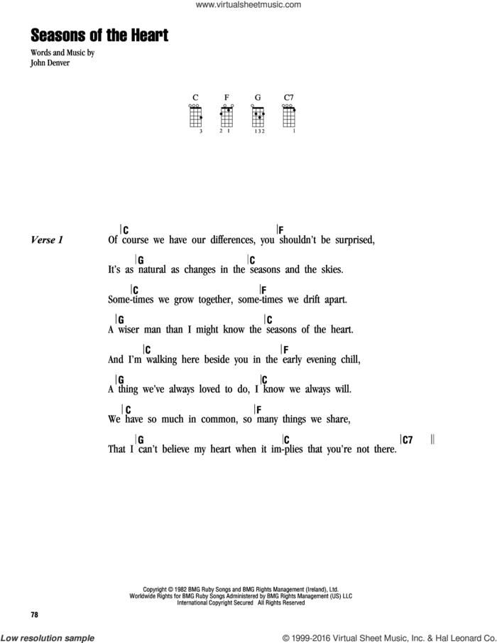 Seasons Of The Heart sheet music for ukulele (chords) by John Denver, intermediate skill level