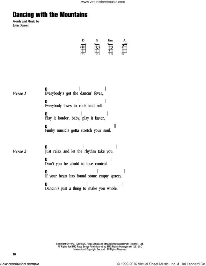 Dancing With The Mountains sheet music for ukulele (chords) by John Denver, intermediate skill level