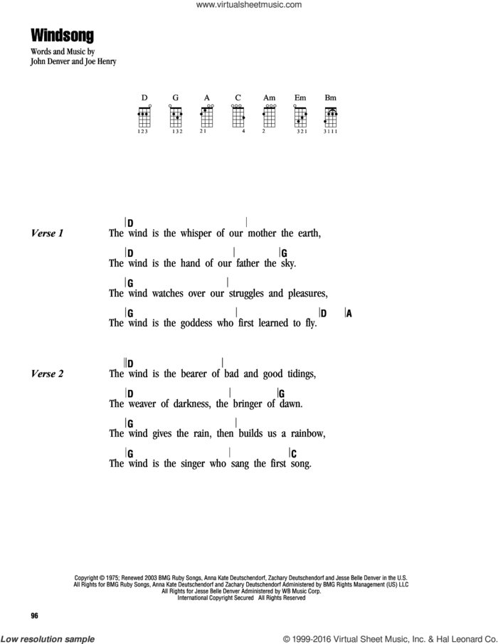 Windsong sheet music for ukulele (chords) by John Denver and Joe Henry, intermediate skill level