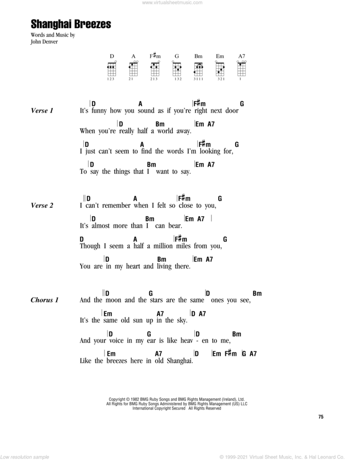 Shanghai Breezes sheet music for ukulele (chords) by John Denver, intermediate skill level