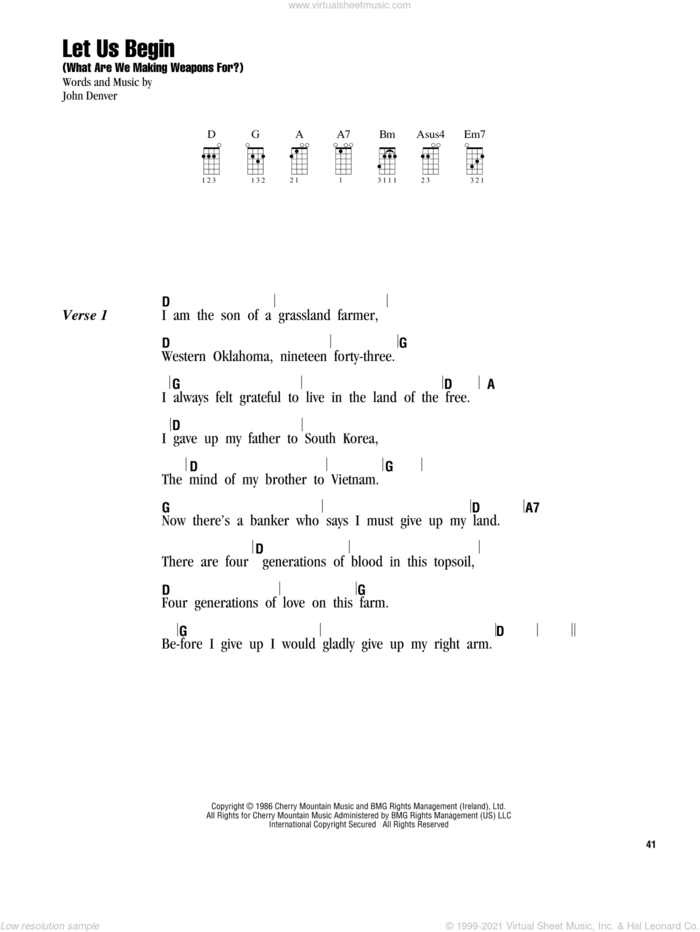 Let Us Begin (What Are We Making Weapons For?) sheet music for ukulele (chords) by John Denver, intermediate skill level