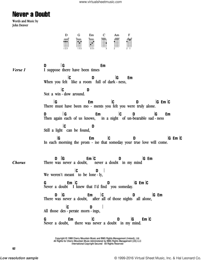 Never A Doubt sheet music for ukulele (chords) by John Denver, intermediate skill level