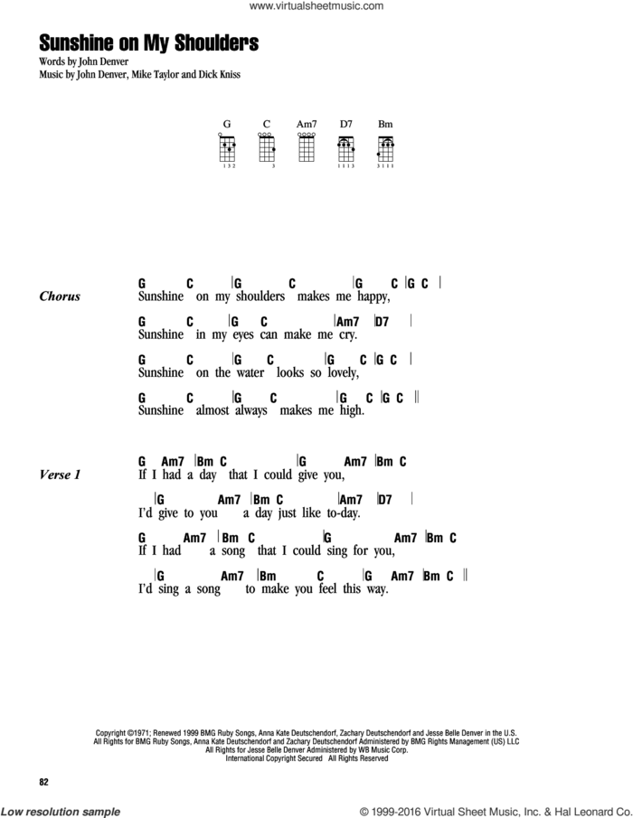 Sunshine On My Shoulders sheet music for ukulele (chords) by John Denver, Dick Kniss and Mike Taylor, intermediate skill level