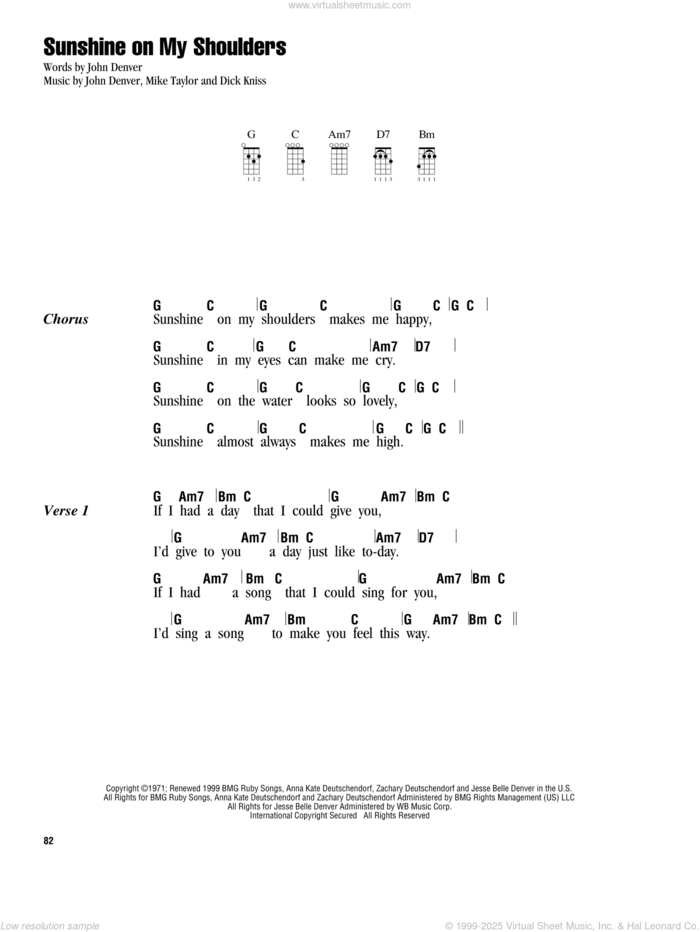 Sunshine On My Shoulders sheet music for ukulele (chords) by John Denver, Dick Kniss and Mike Taylor, intermediate skill level