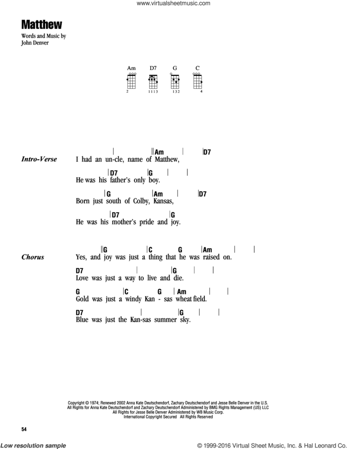 Matthew sheet music for ukulele (chords) by John Denver, intermediate skill level