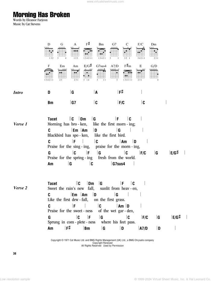 Morning Has Broken sheet music for guitar (chords) by Cat Stevens, Eleanor Farjeon and Yusuf Islam, intermediate skill level