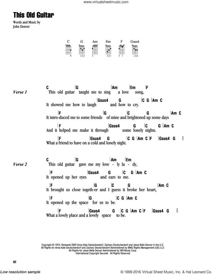 This Old Guitar sheet music for ukulele (chords) by John Denver, intermediate skill level
