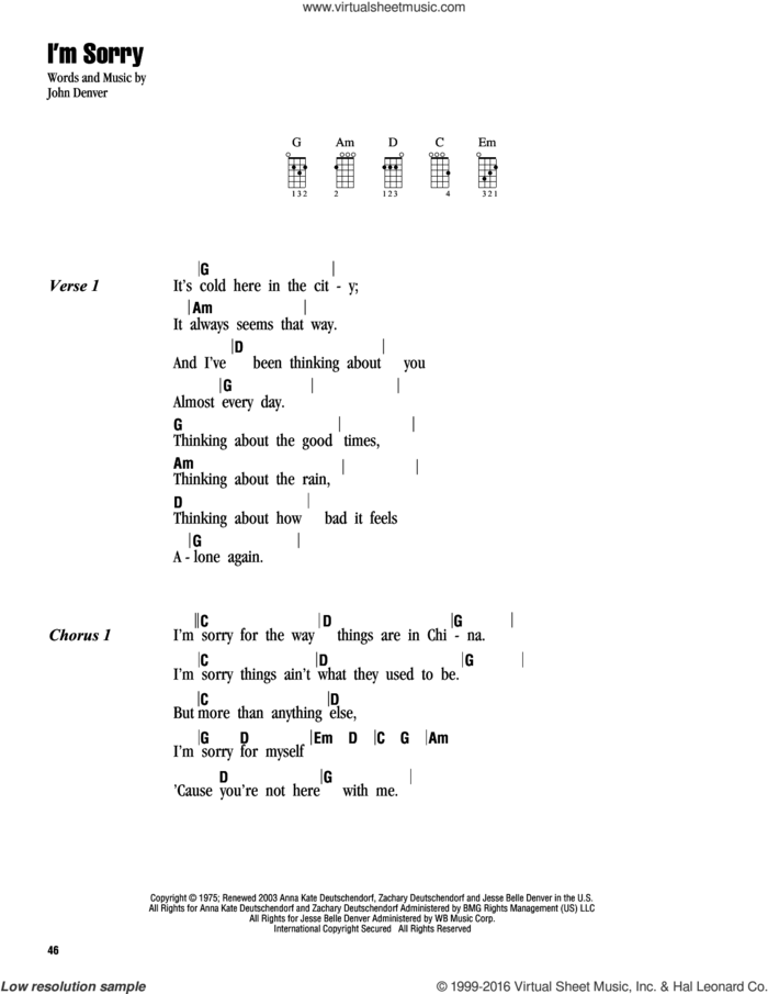 I'm Sorry sheet music for ukulele (chords) by John Denver, intermediate skill level