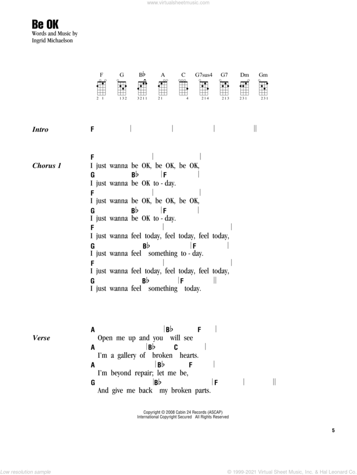 Be OK sheet music for ukulele (chords) by Ingrid Michaelson, intermediate skill level