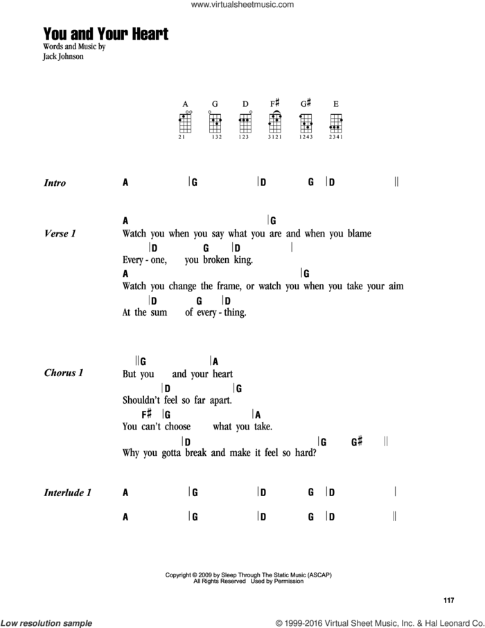 You And Your Heart sheet music for ukulele (chords) by Jack Johnson, intermediate skill level
