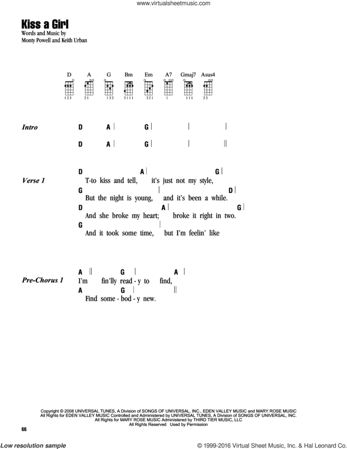 Kiss A Girl sheet music for ukulele (chords) by Keith Urban and Monty Powell, intermediate skill level