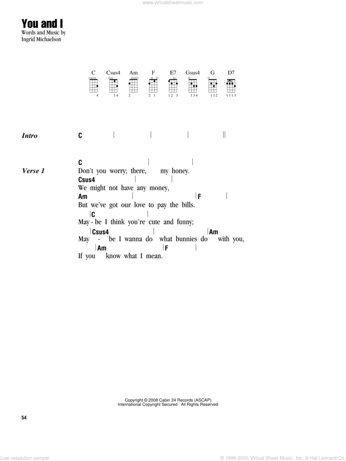 You And I sheet music for ukulele (chords) by Ingrid Michaelson, intermediate skill level