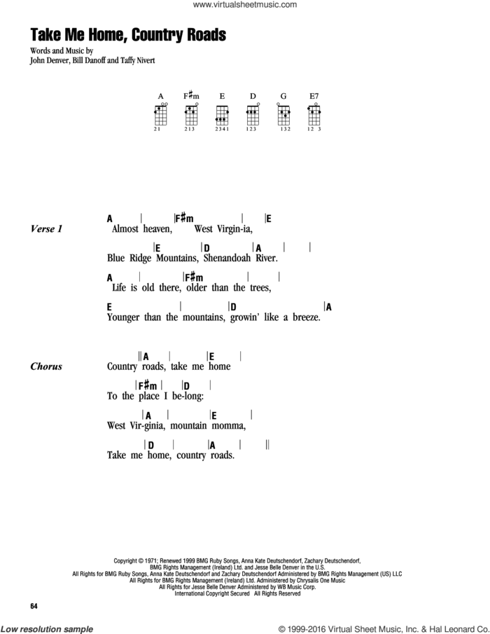 Take Me Home, Country Roads sheet music for ukulele (chords) by John Denver, Bill Danoff and Taffy Nivert, intermediate skill level
