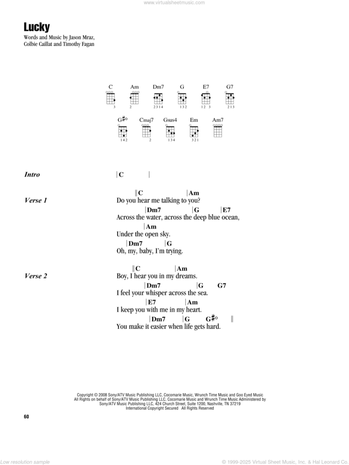 Lucky sheet music for ukulele (chords) by Jason Mraz & Colbie Caillat, Colbie Caillat, Jason Mraz and Timothy Fagan, intermediate skill level