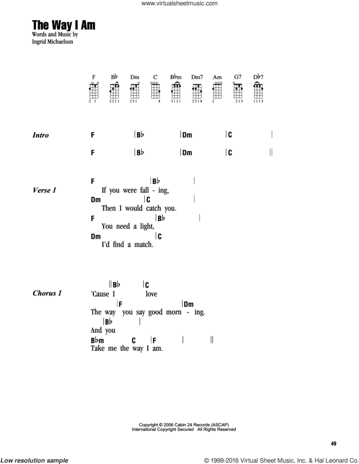 The Way I Am sheet music for ukulele (chords) by Ingrid Michaelson, wedding score, intermediate skill level