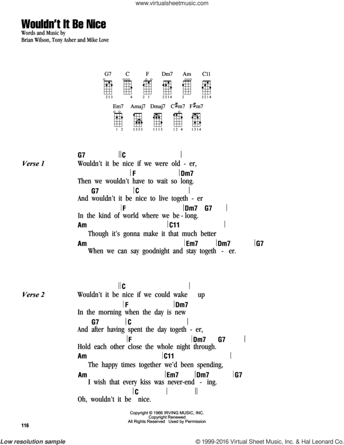 Wouldn't It Be Nice sheet music for ukulele (chords) by The Beach Boys, Brian Wilson, Mike Love and Tony Asher, intermediate skill level