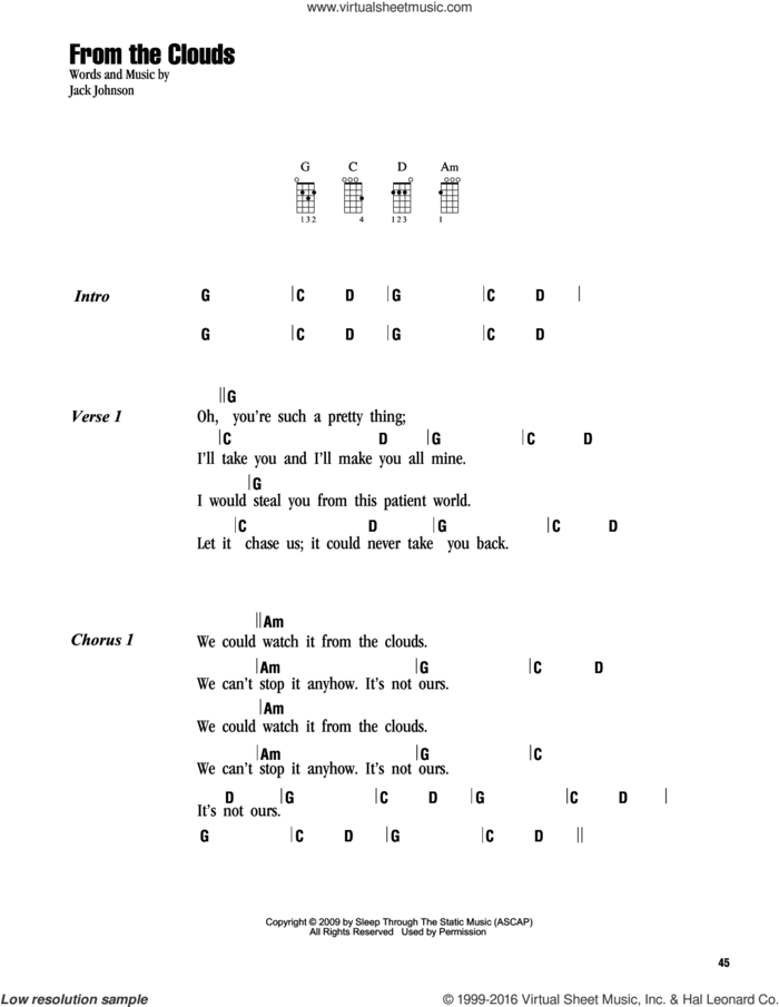 From The Clouds sheet music for ukulele (chords) by Jack Johnson, intermediate skill level