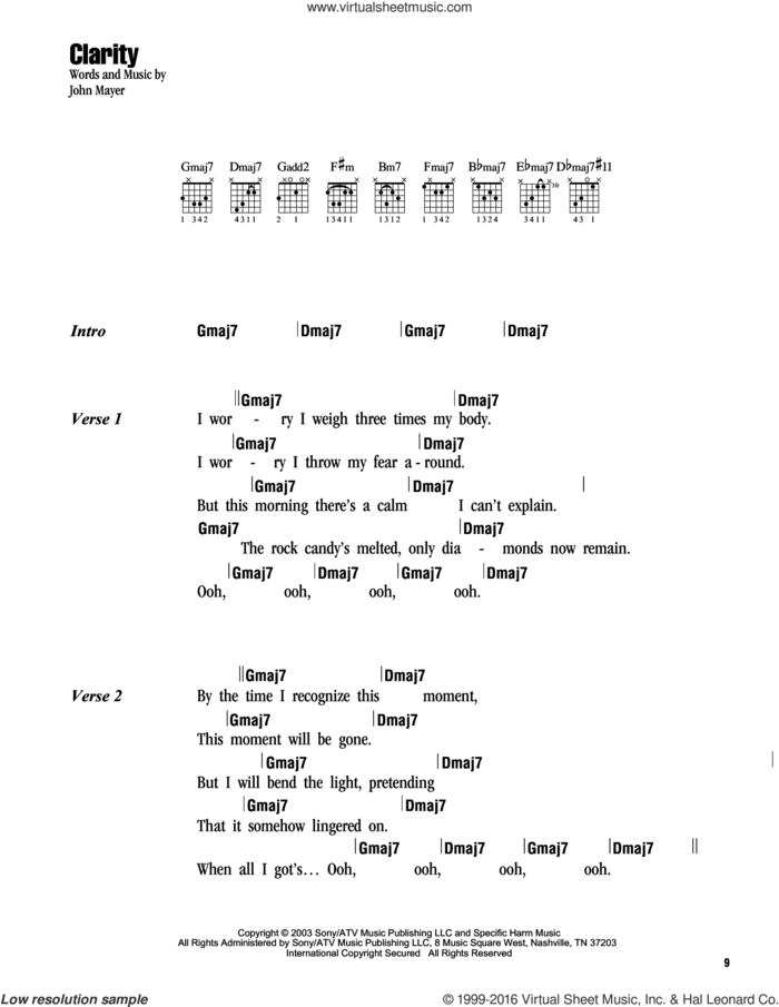 Clarity sheet music for guitar (chords) by John Mayer, intermediate skill level