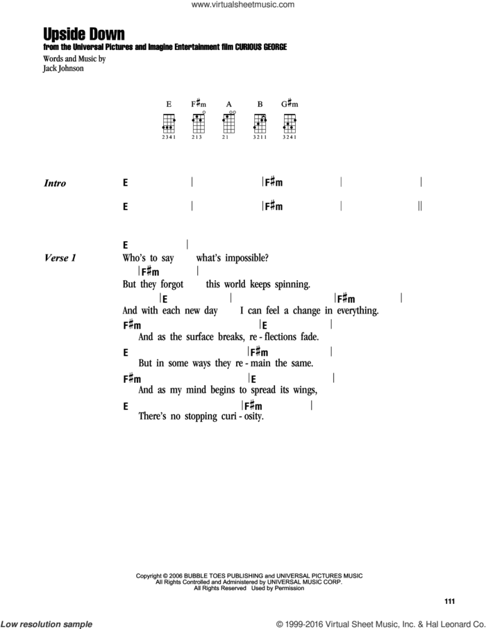 Upside Down sheet music for ukulele (chords) by Jack Johnson, intermediate skill level