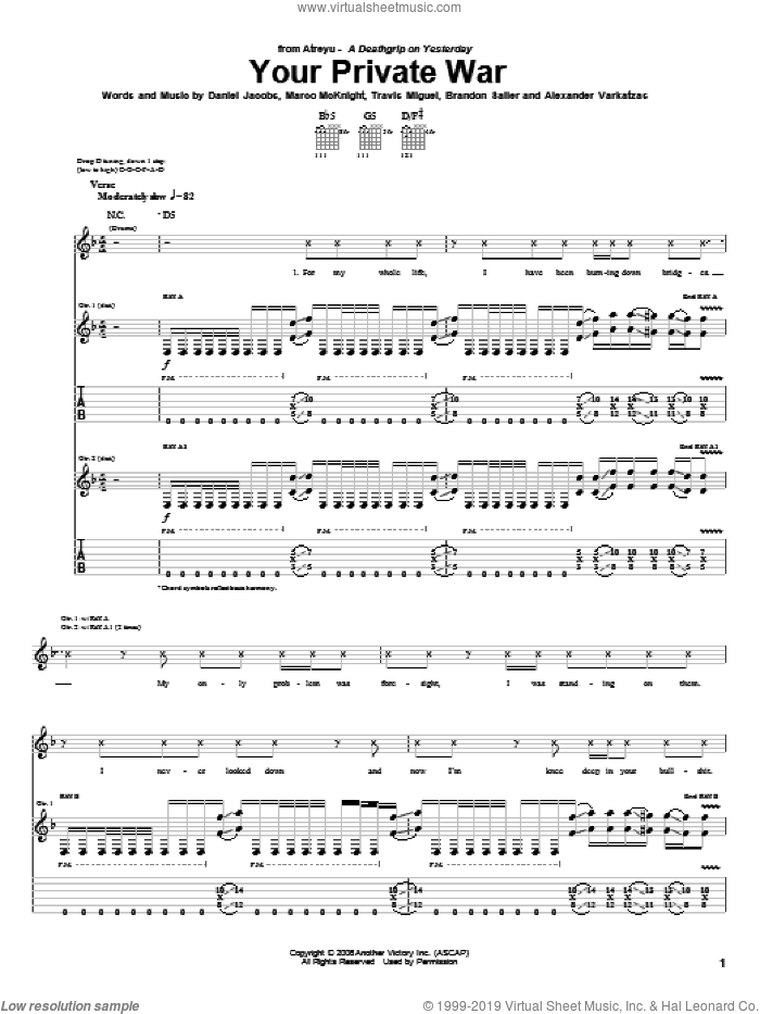 Your Private War sheet music for guitar (tablature) by Atreyu, Alexander Varkatzas, Brandon Saller, Daniel Jacobs, Marco McKnight and Travis Miguel, intermediate skill level