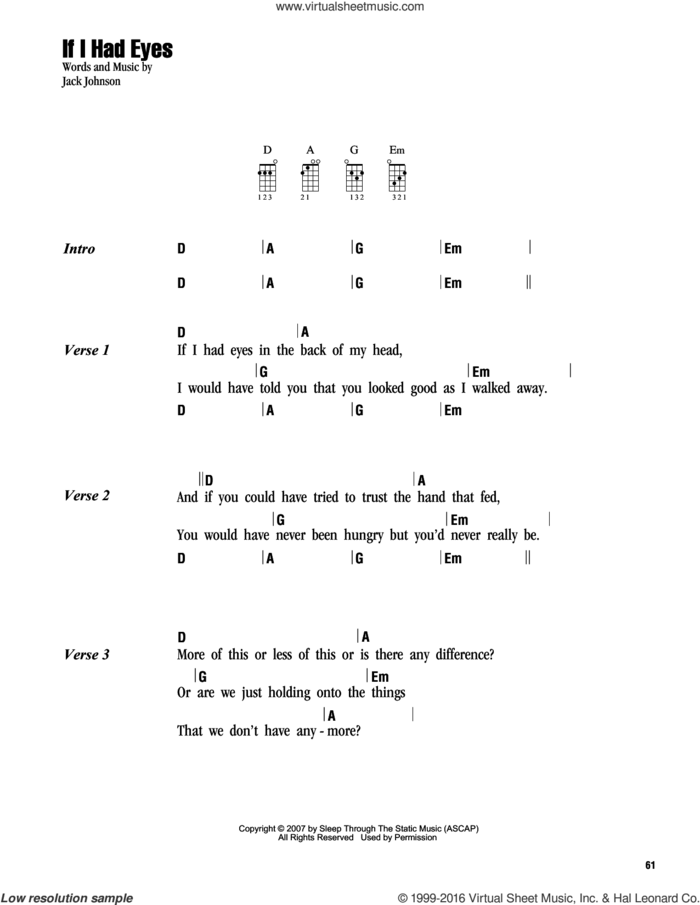 If I Had Eyes sheet music for ukulele (chords) by Jack Johnson, intermediate skill level