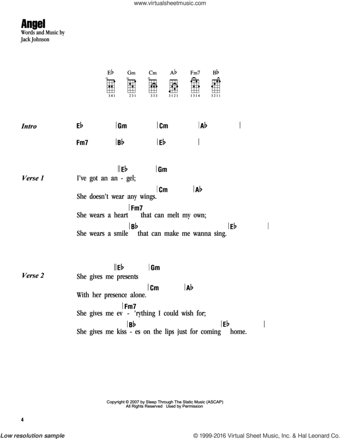 Angel sheet music for ukulele (chords) by Jack Johnson, intermediate skill level