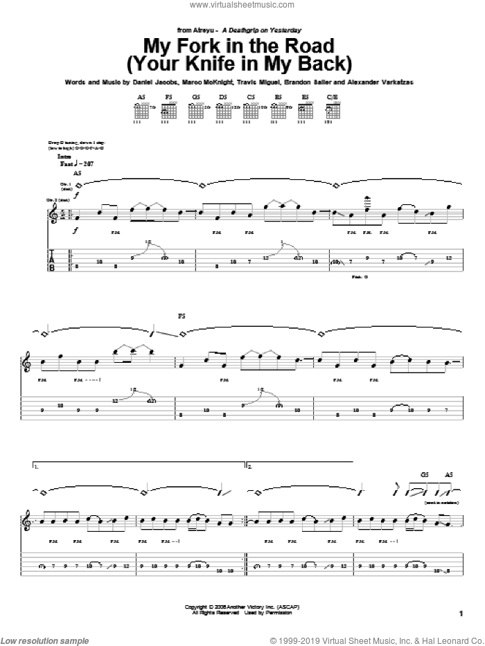 My Fork In The Road (Your Knife In My Back) sheet music for guitar (tablature) by Atreyu, Alexander Varkatzas, Brandon Saller, Daniel Jacobs, Marco McKnight and Travis Miguel, intermediate skill level