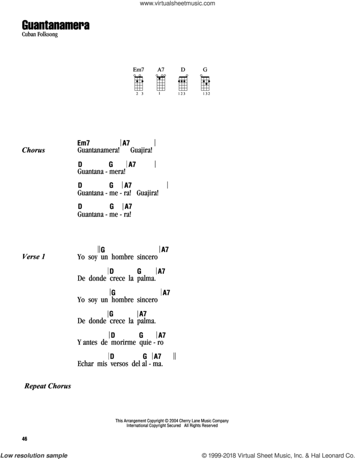 Guantanamera sheet music for ukulele (chords), intermediate skill level