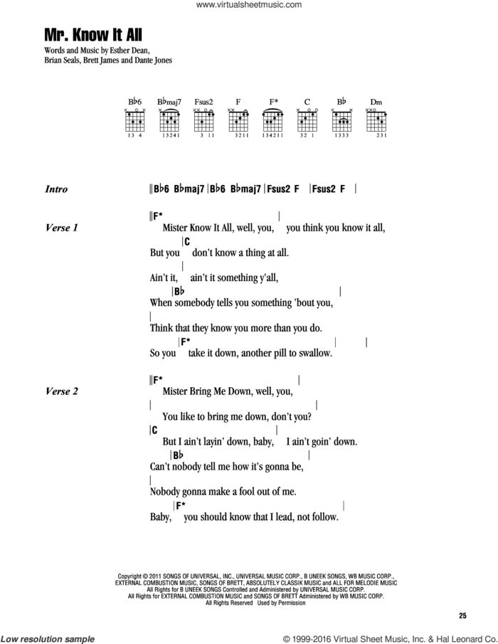 Mr. Know It All sheet music for guitar (chords) by Kelly Clarkson, Brett James, Brian Seals, Dante Jones and Ester Dean, intermediate skill level