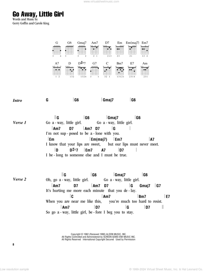 Go Away, Little Girl sheet music for guitar (chords) by Carole King, Bobby Vee, Donny Osmond, Steve Lawrence and Gerry Goffin, intermediate skill level